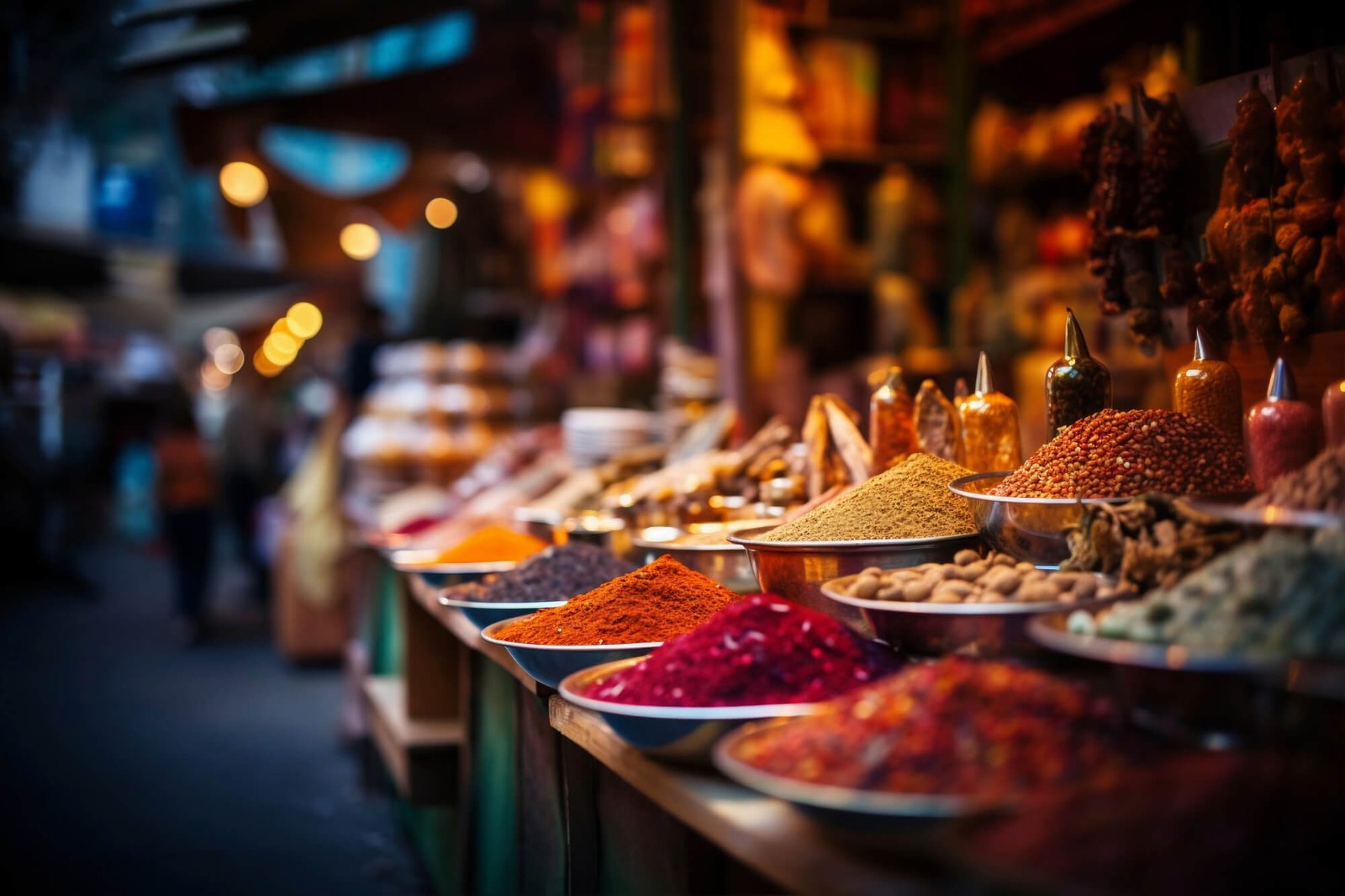 Puesto callejero de comida con diferentes especias a granel.