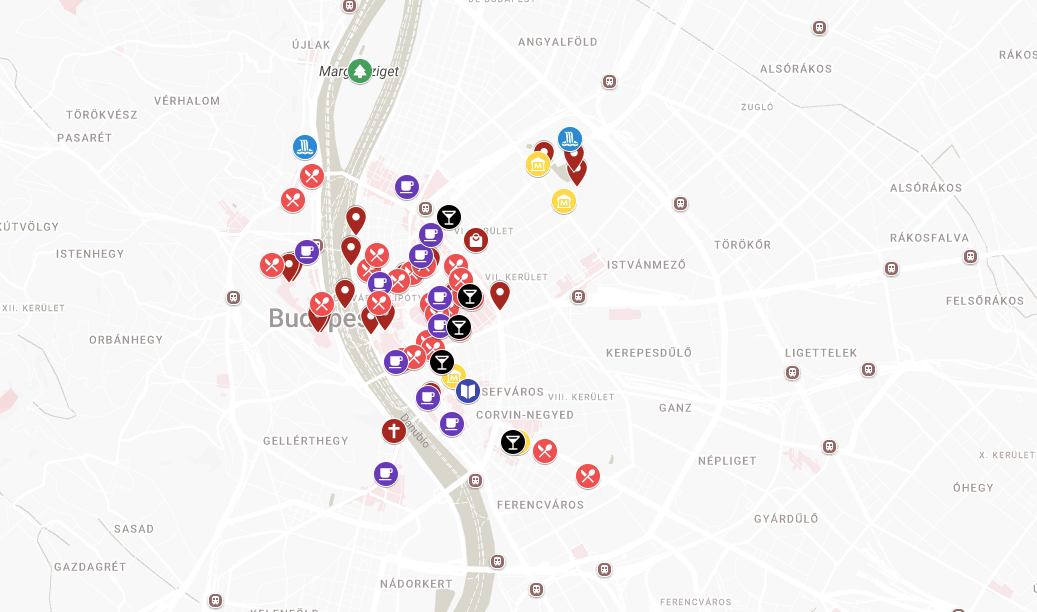 Mapa de Budapest en Google My Maps como ejemplo de diferenciación de capas con iconos de diferentes colores.