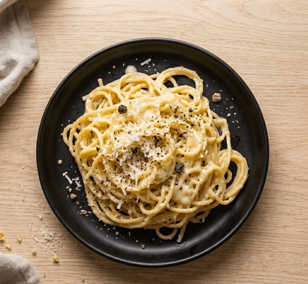 Plato de spaghetti cacio e pepe. Receta de Roma, Italia.